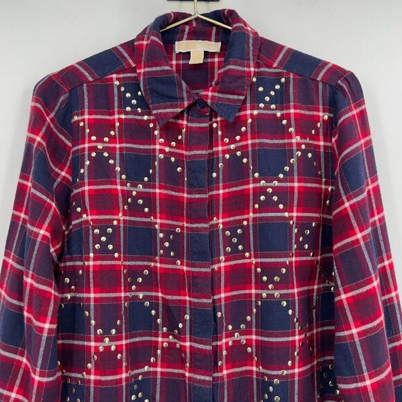 Michael Kors Plaid Studded Button Down Shirt Women’s Large Red Navy - Picture 2 of 10